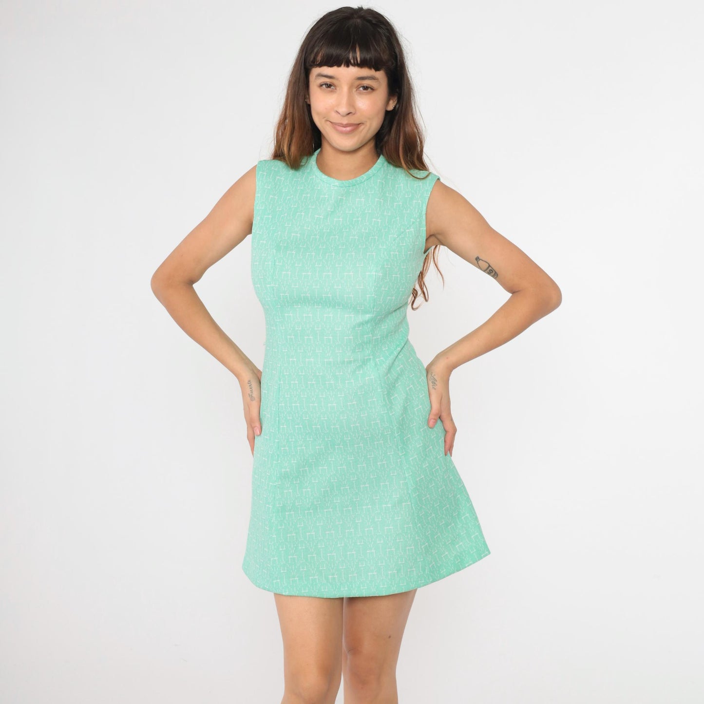 1960s Mint Geometric Print Shift Dress Sleeveless Mini Small