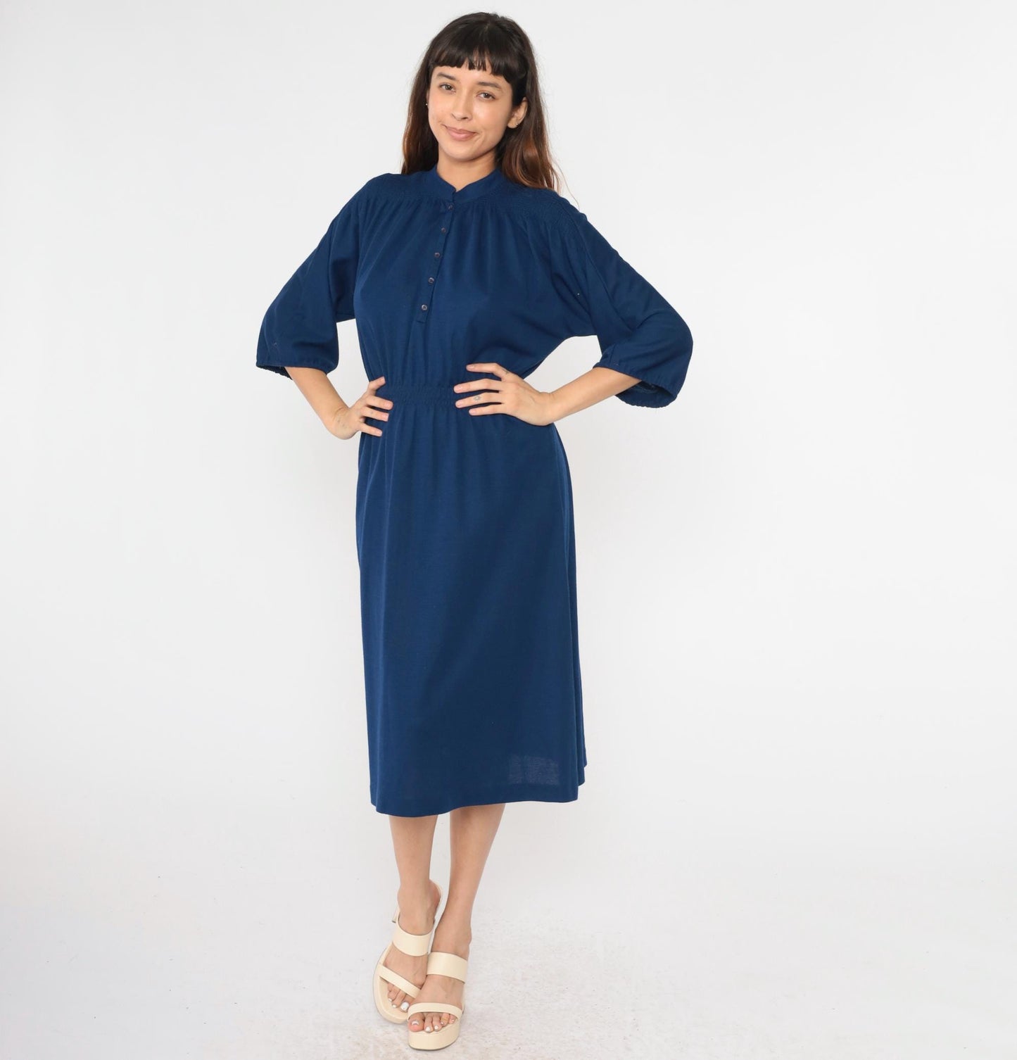 80s Leslie Fay Navy Mandarin Collar Shirtdress Midi Button-Up Small