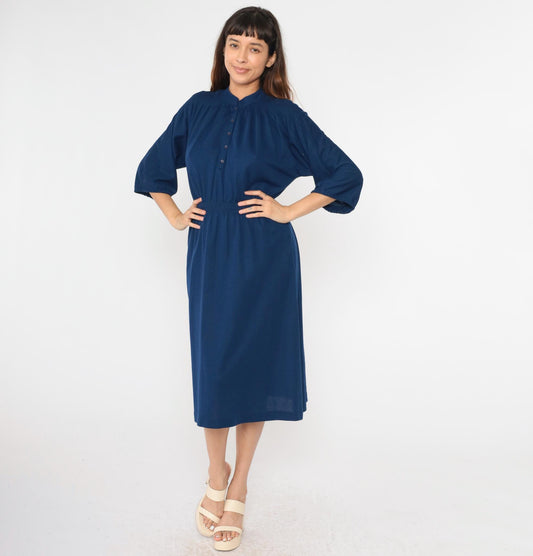 80s Leslie Fay Navy Mandarin Collar Shirtdress Midi Button-Up Small
