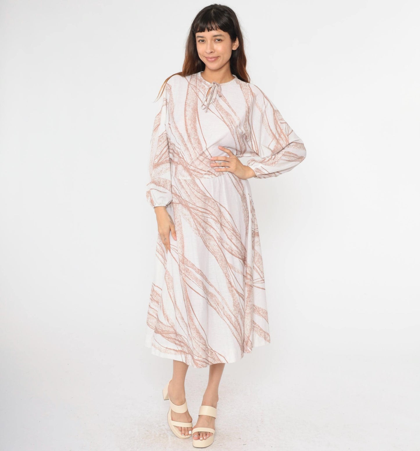 70s Bleeker Street Midi Dress Dolman Sleeve Keyhole Bow Neck White Brown Stripe Small Medium