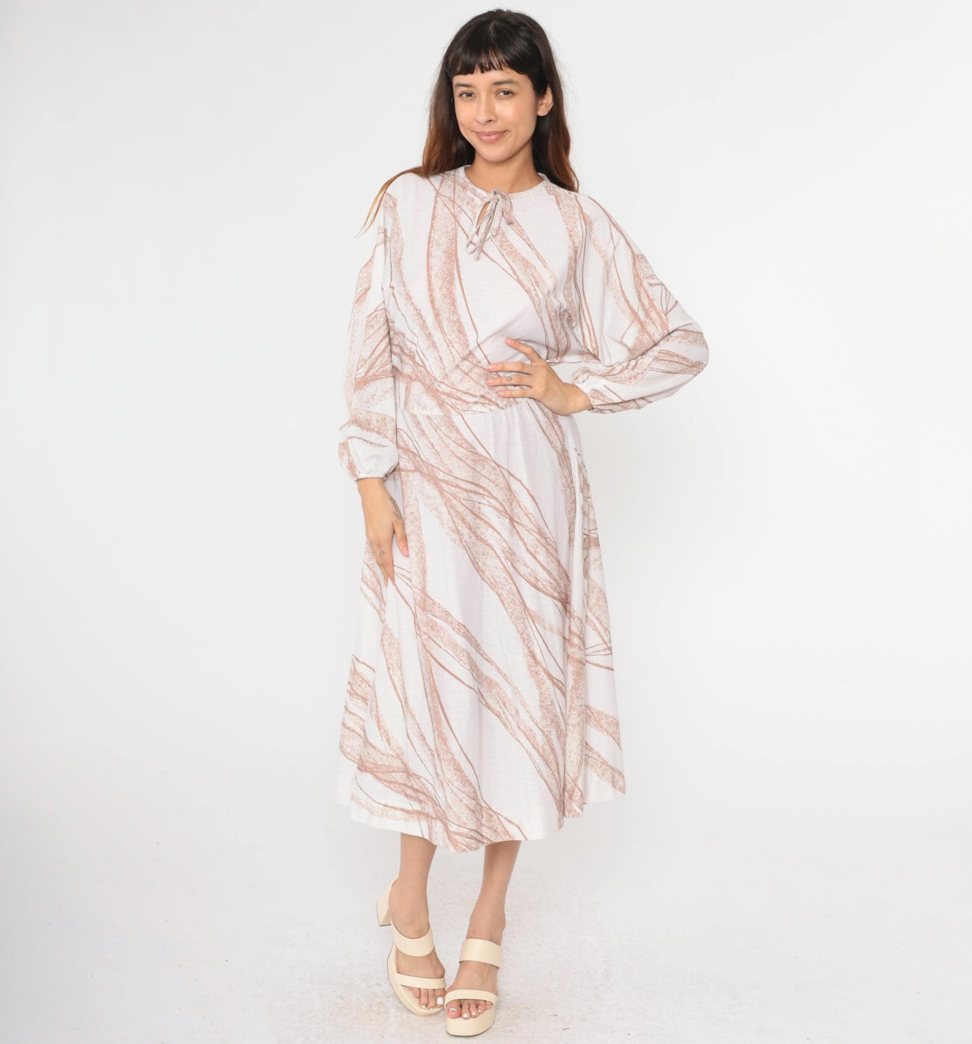 70s Bleeker Street Midi Dress Dolman Sleeve Keyhole Bow Neck White Brown Stripe Small Medium