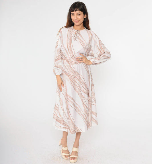 70s Bleeker Street Midi Dress Dolman Sleeve Keyhole Bow Neck White Brown Stripe Small Medium