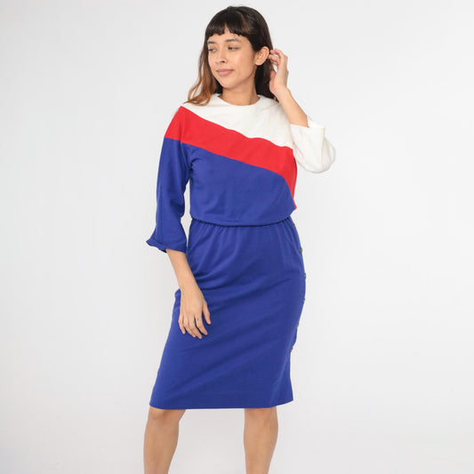 80s Leslie Fay Petites Colorblock Midi Dress Blue Red White Dolman Sleeve Small