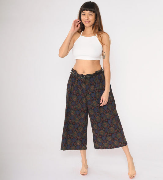 90s Ashleigh Morgan Corduroy Culottes Geometric Floral Multicolor Wide-Leg Large 12