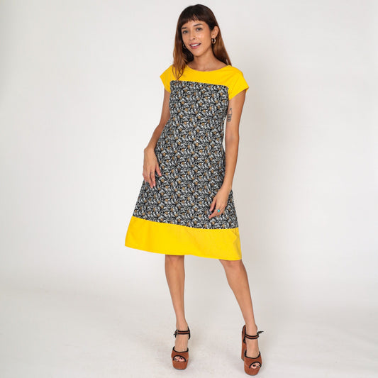 1960s Mod Floral Mini Dress Yellow Black Cap Sleeve Shift Extra Small