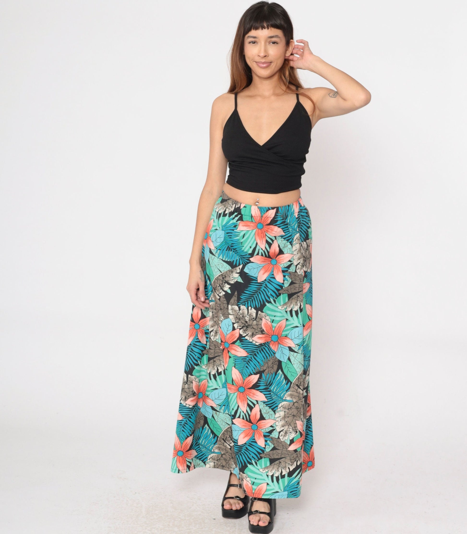 80s Tropical Floral Maxi Skirt High Waist Fern Print Blue Green Orange Small