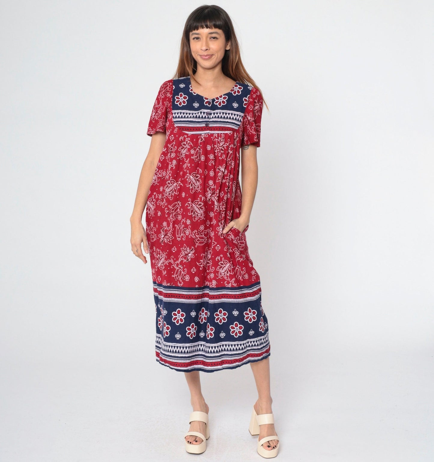 90s Red Floral Handkerchief Print Cotton Midi Dress Puff Sleeve Small