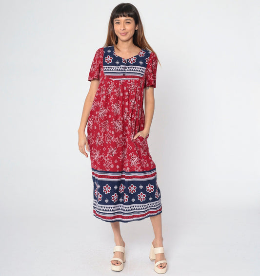 90s Red Floral Handkerchief Print Cotton Midi Dress Puff Sleeve Small