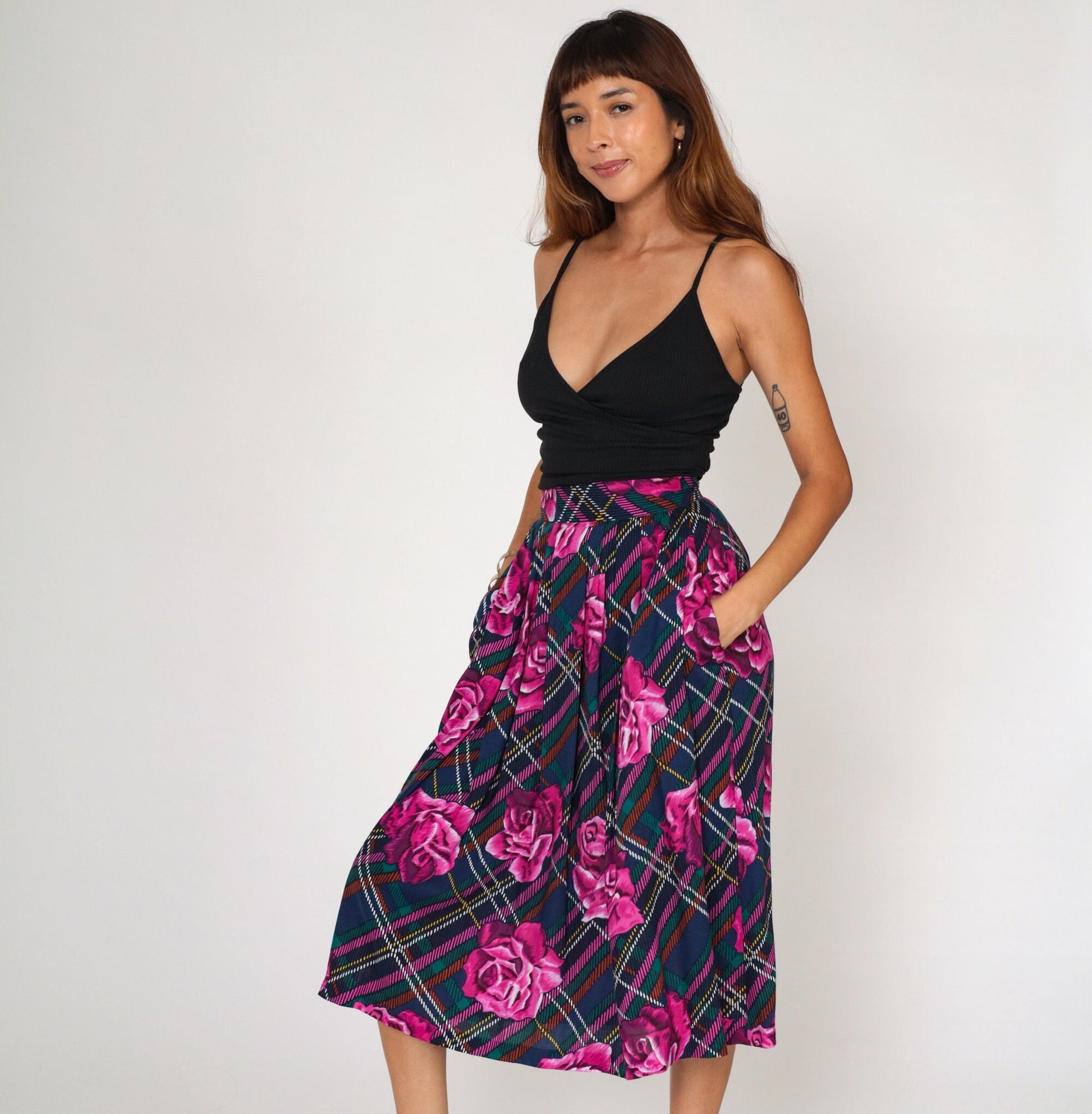 80s Plaid Floral Midi Skirt Purple Blue High Waist Pockets Small