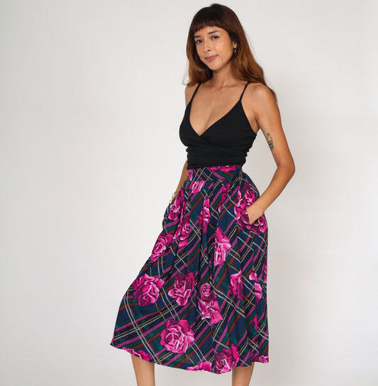 80s Plaid Floral Midi Skirt Purple Blue High Waist Pockets Small