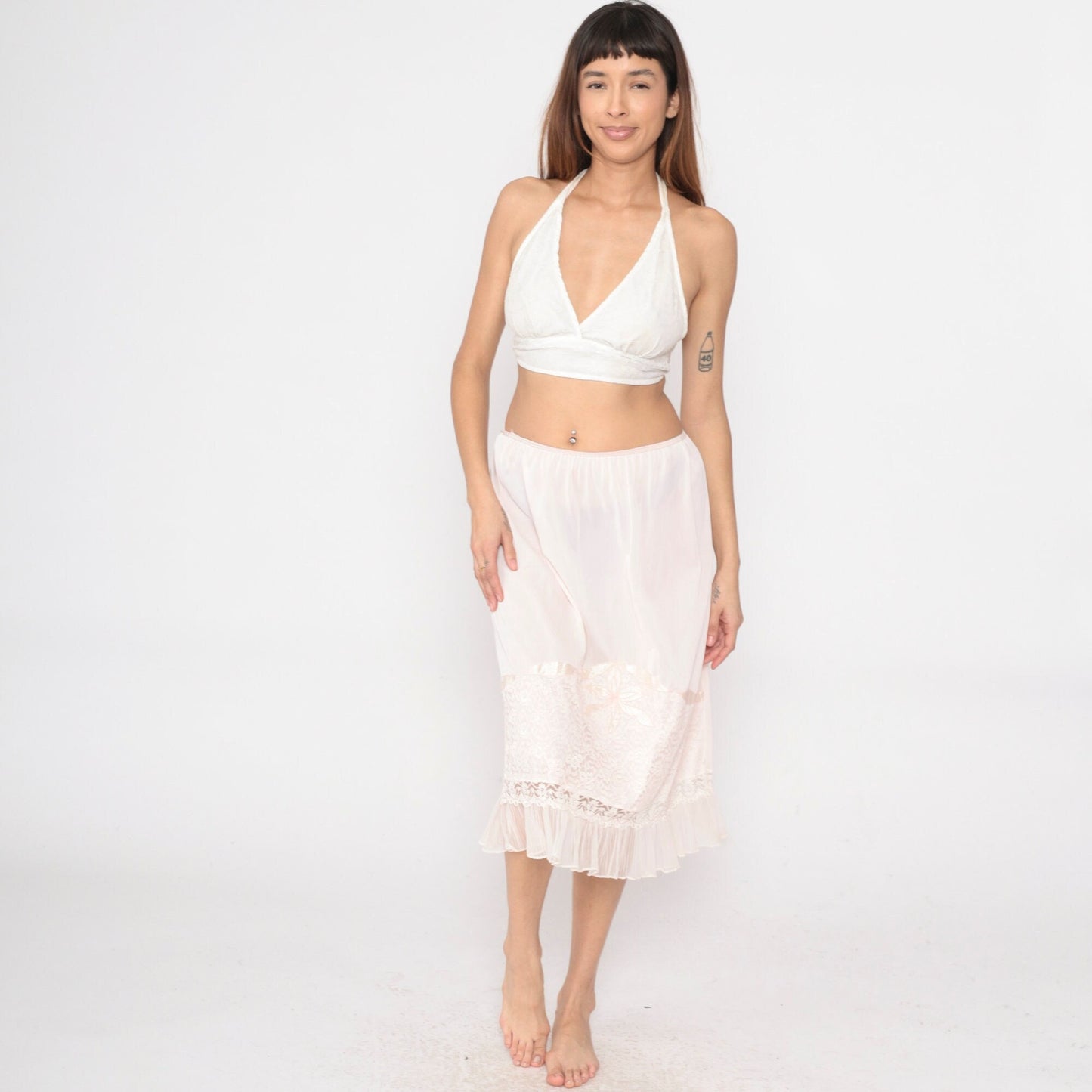 70s Lane Bryant Baby Pink Nylon Slip Skirt Lace Floral Applique Medium Large