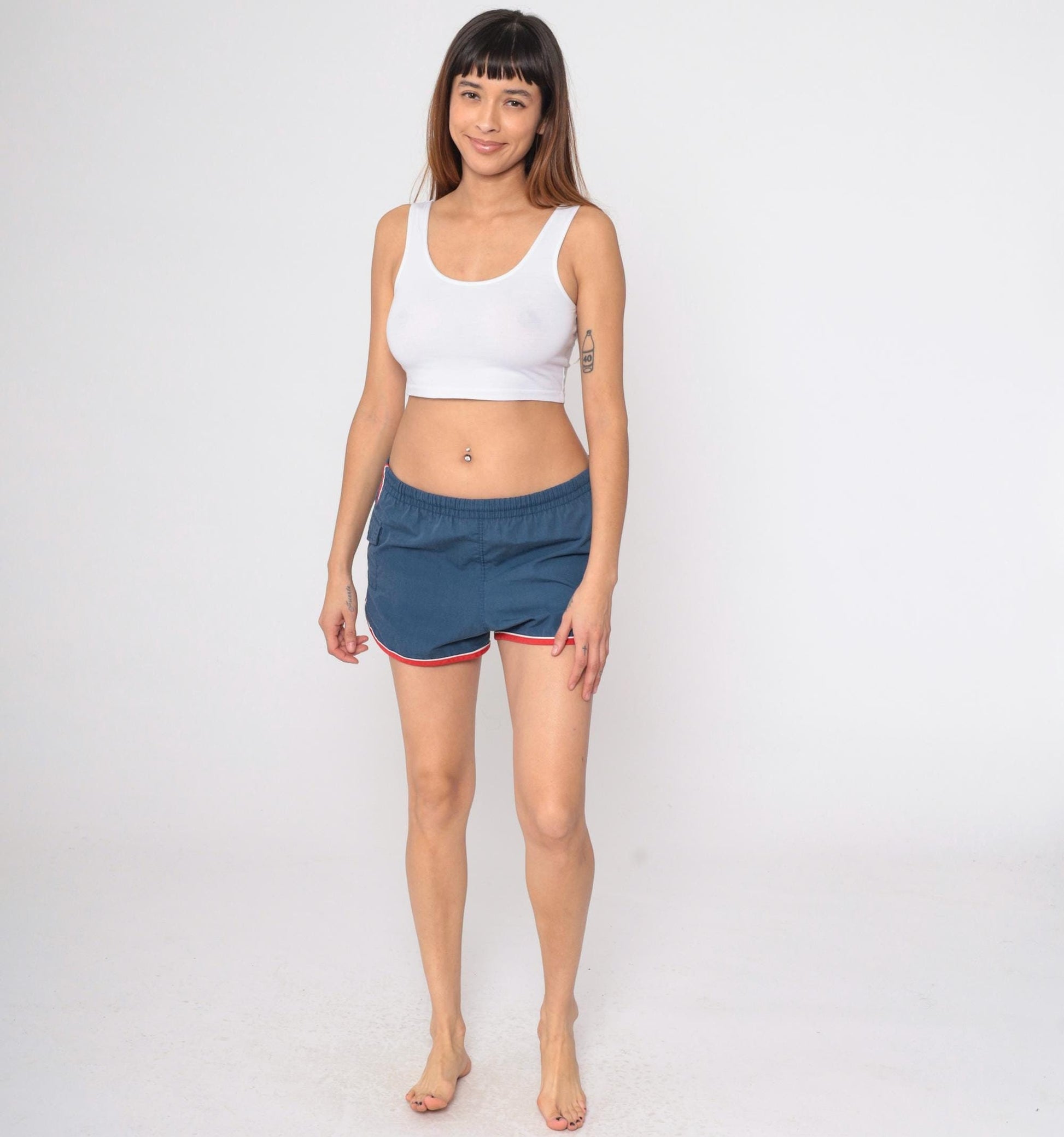 80s Catalina Swim Trunks Dark Blue Red Trim Drawstring Medium
