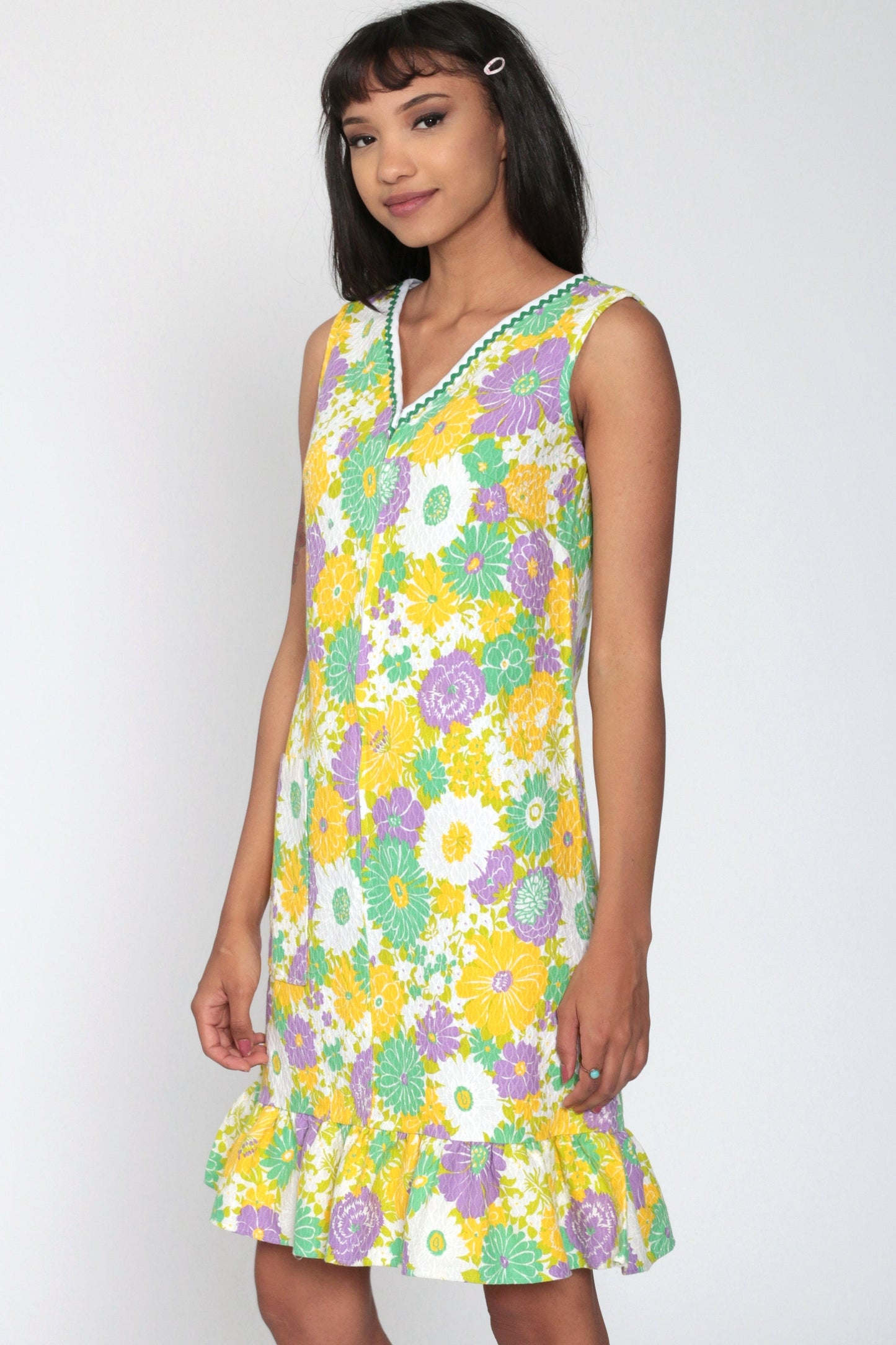 70s Floral Mini Shift Dress Yellow Green Psychedelic Front Zip Sleeveless Small