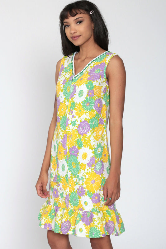 70s Floral Mini Shift Dress Yellow Green Psychedelic Front Zip Sleeveless Small