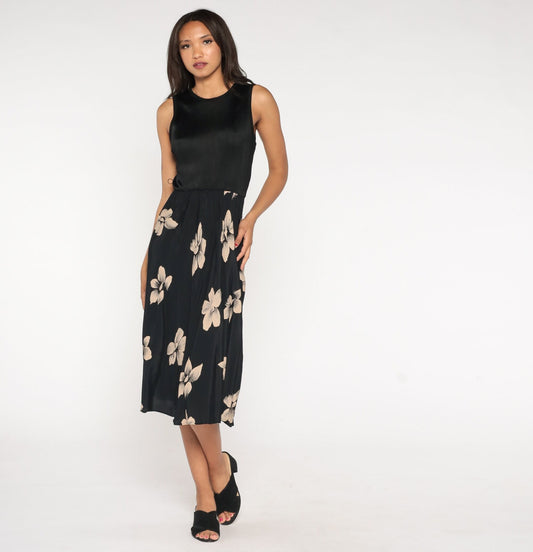 90s Black Floral Midi Dress Ribbed High Waist Sleeveless Small Medium
