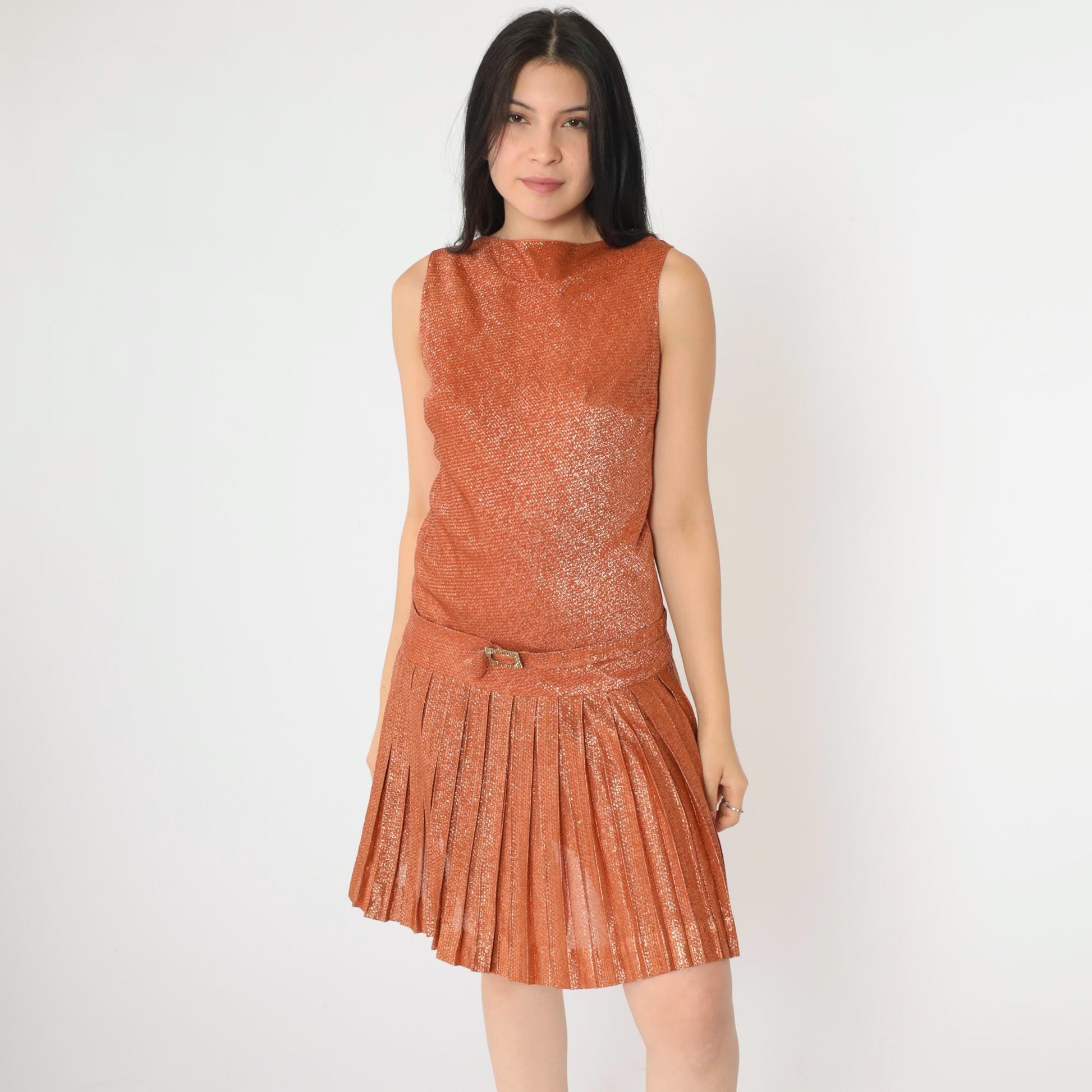 60s Metallic Orange Mini Party Dress Rhinestone Drop Waist Sleeveless XS