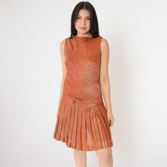 60s Metallic Orange Mini Party Dress Rhinestone Drop Waist Sleeveless XS