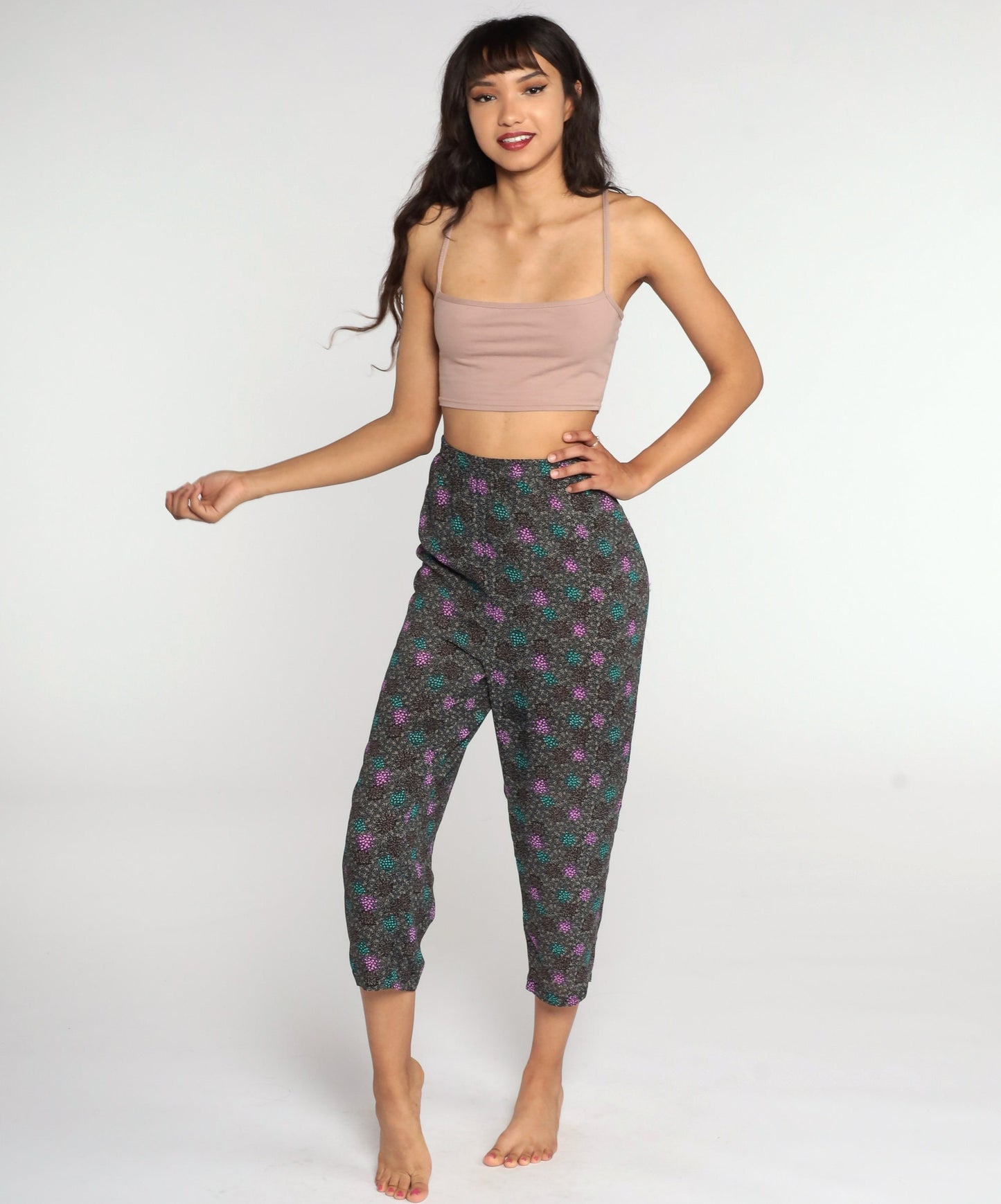 80s High-Waisted Tapered Ankle Pants Black Geometric Medium Large