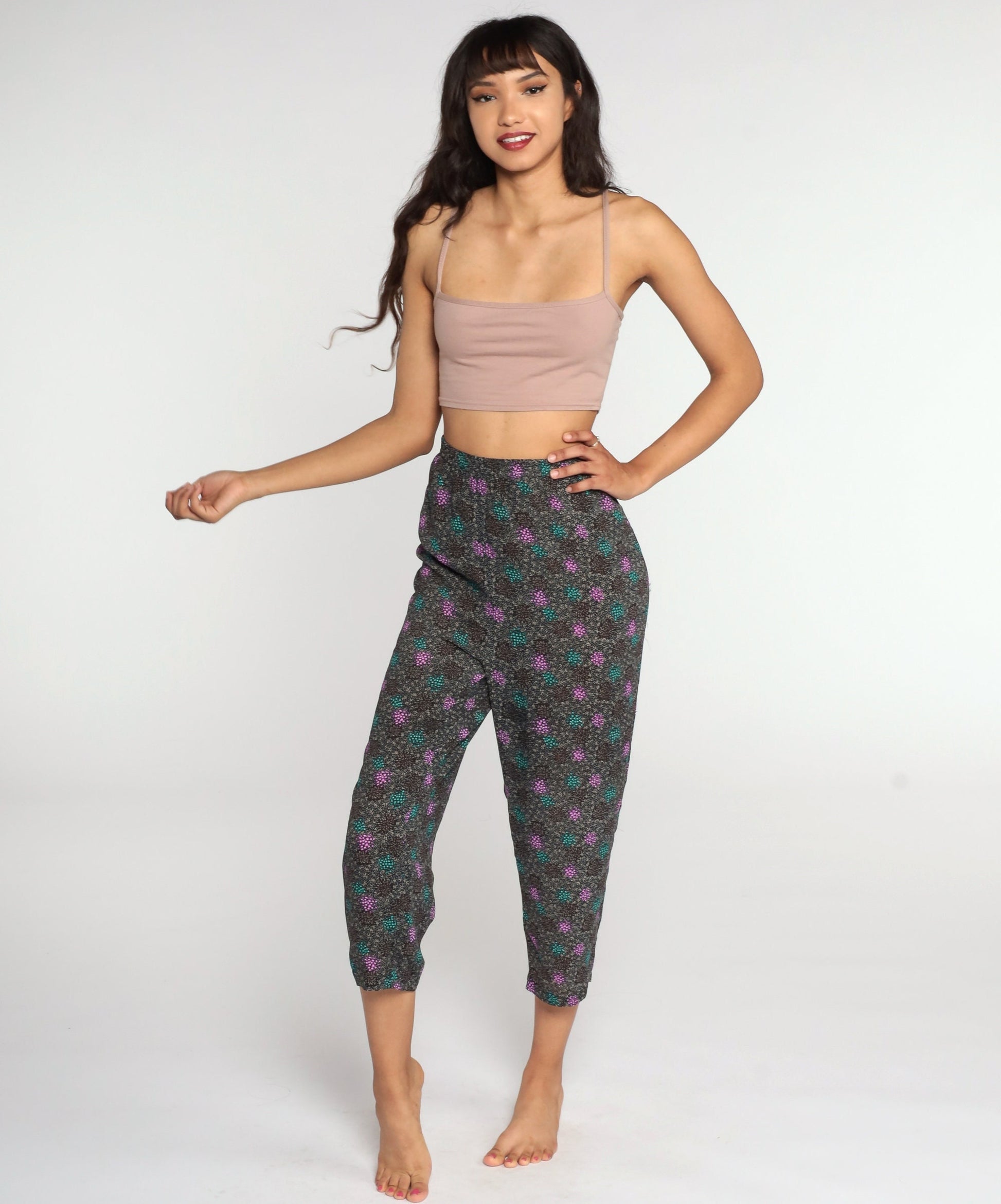 80s High-Waisted Tapered Ankle Pants Black Geometric Medium Large