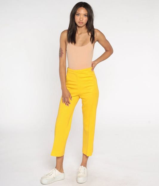 70s Bright Yellow High-Rise Straight Leg Trousers Ankle Length Small