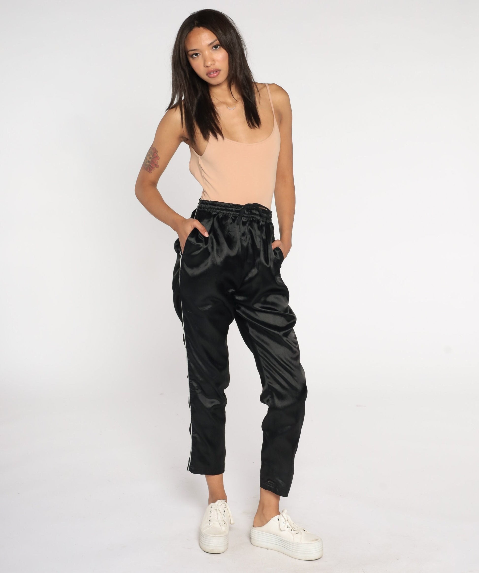 90s Black Track Pants White Stripe Shiny Joggers Small S