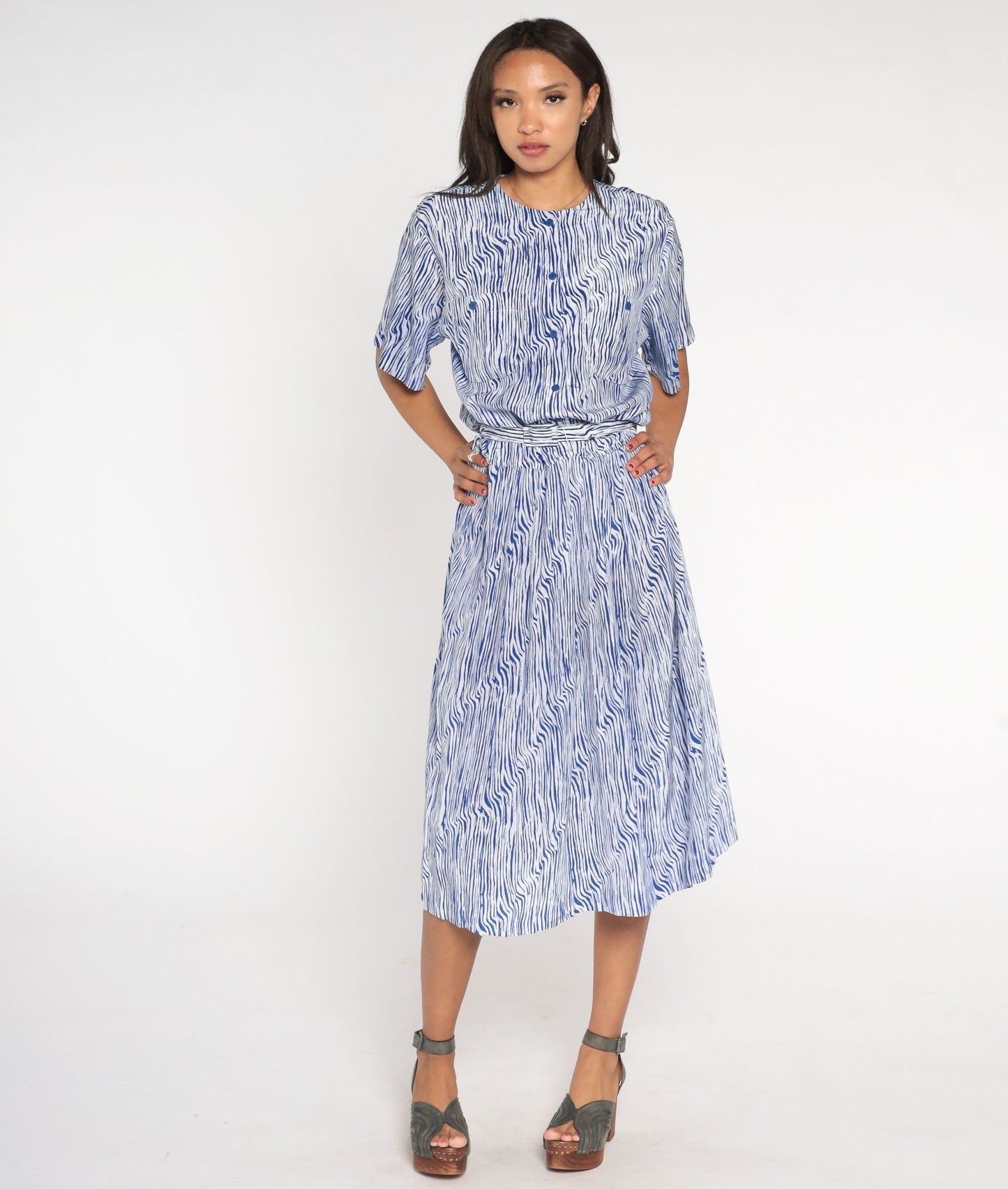 80s Blue White Striped Midi Shirtwaist Dress High Waisted Belted Large L