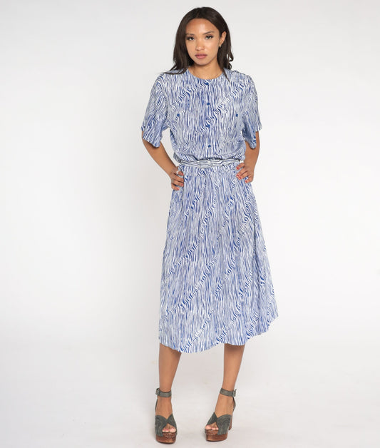 80s Blue White Striped Midi Shirtwaist Dress High Waisted Belted Large L