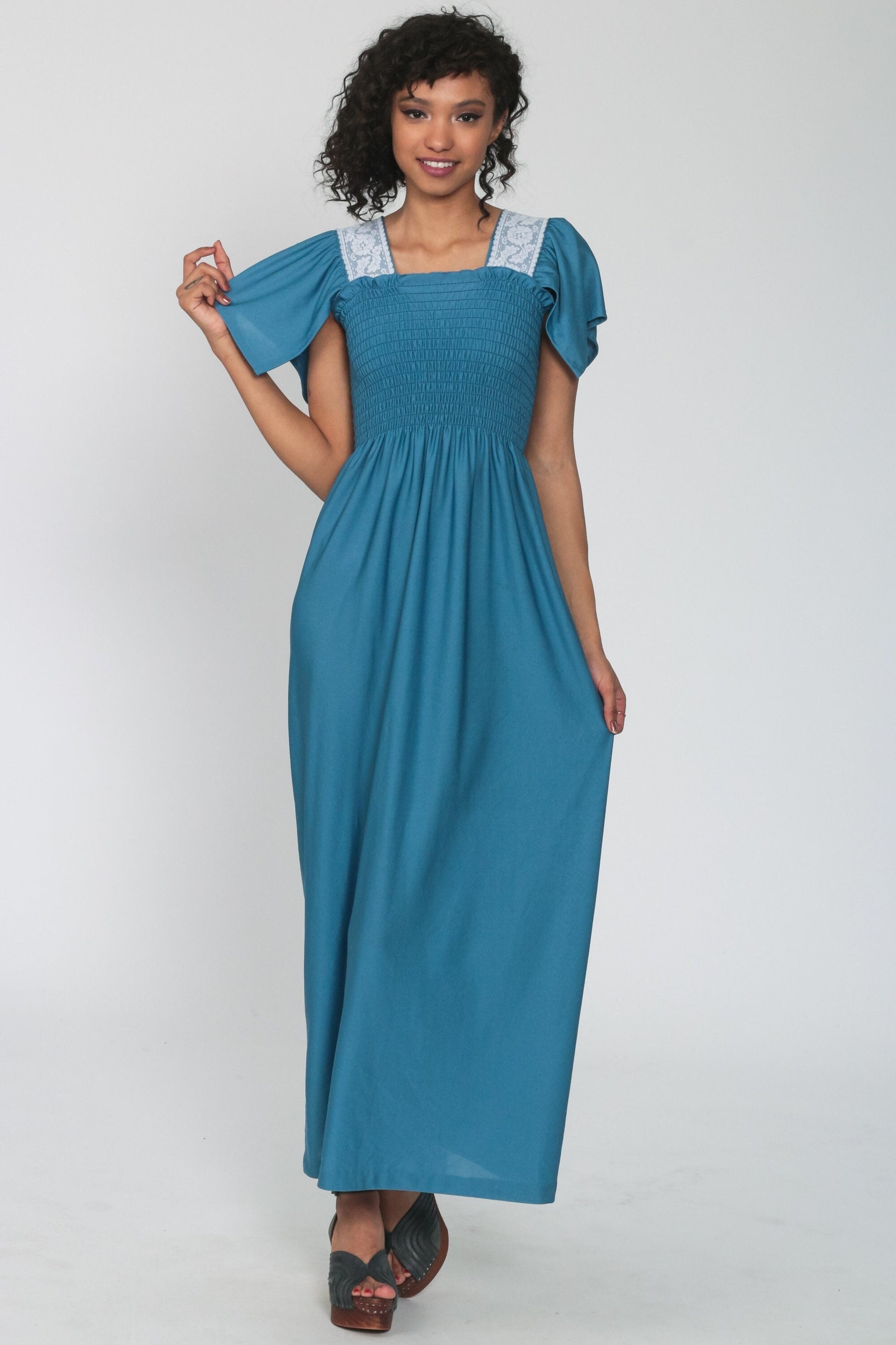 70s Blue Maxi Dress Smocked Bodice Flutter Sleeve Lace Trim Extra Small