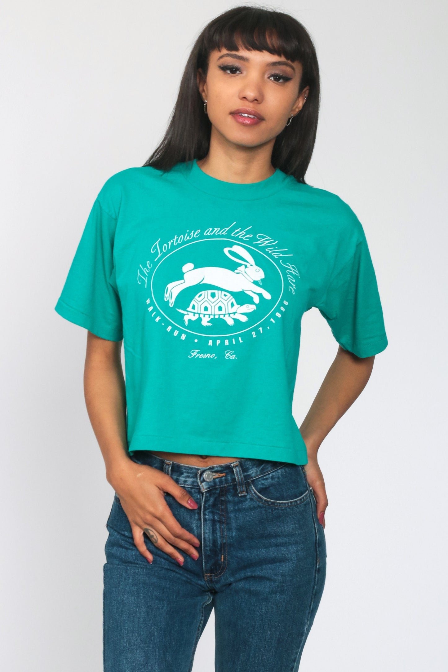 1996 Tortoise and Hare Fresno Walk Run Graphic Tee Green Small