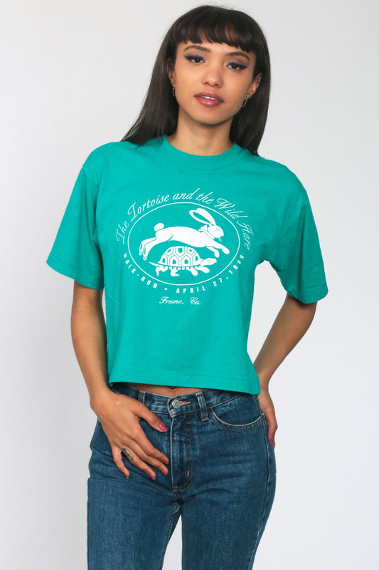 1996 Tortoise and Hare Fresno Walk Run Graphic Tee Green Small