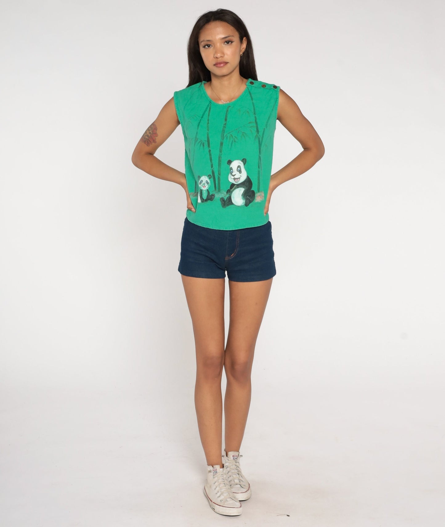 80s Panda Graphic Tank Top Green Painted Animal Print Cotton Small