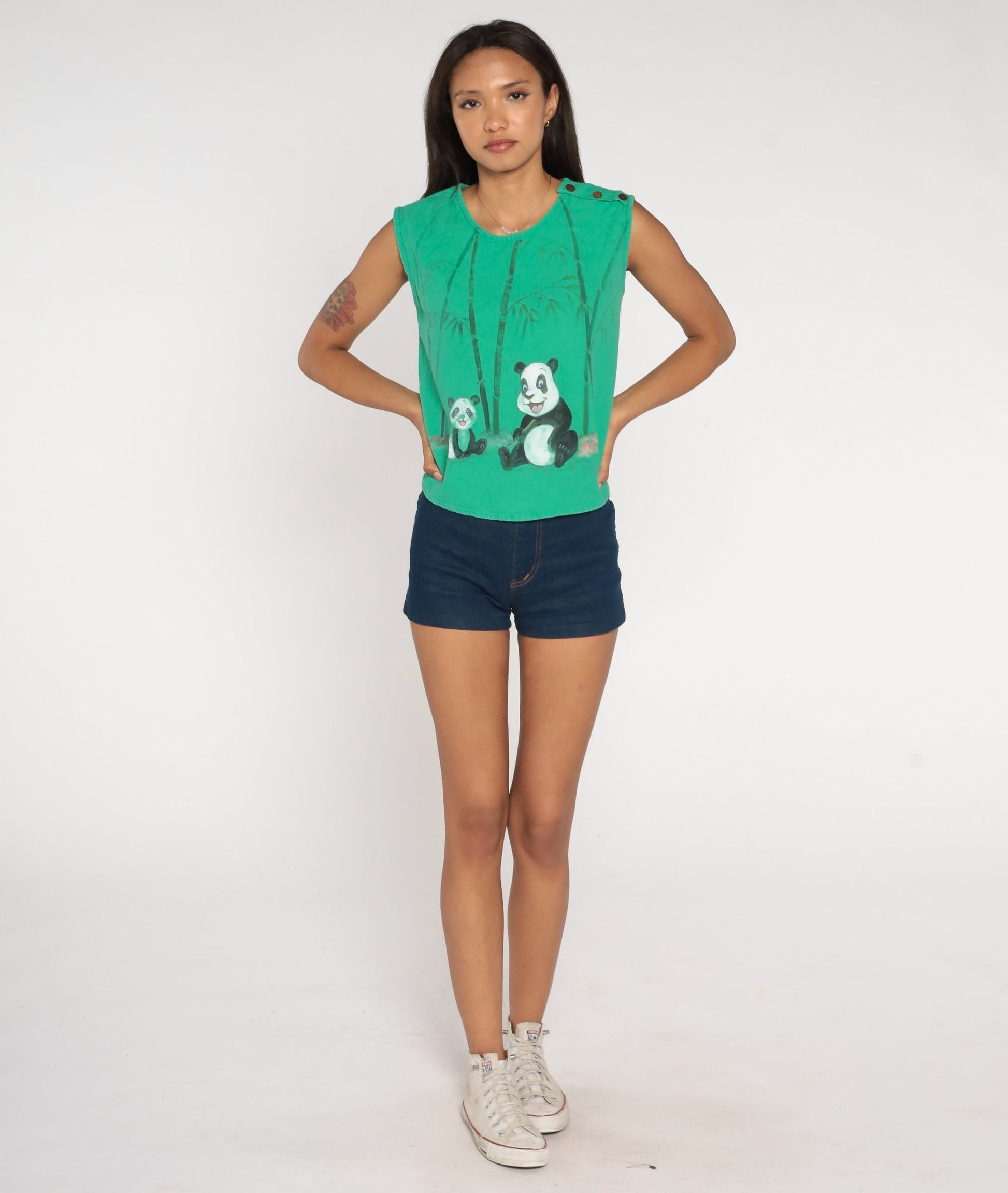 80s Panda Graphic Tank Top Green Painted Animal Print Cotton Small