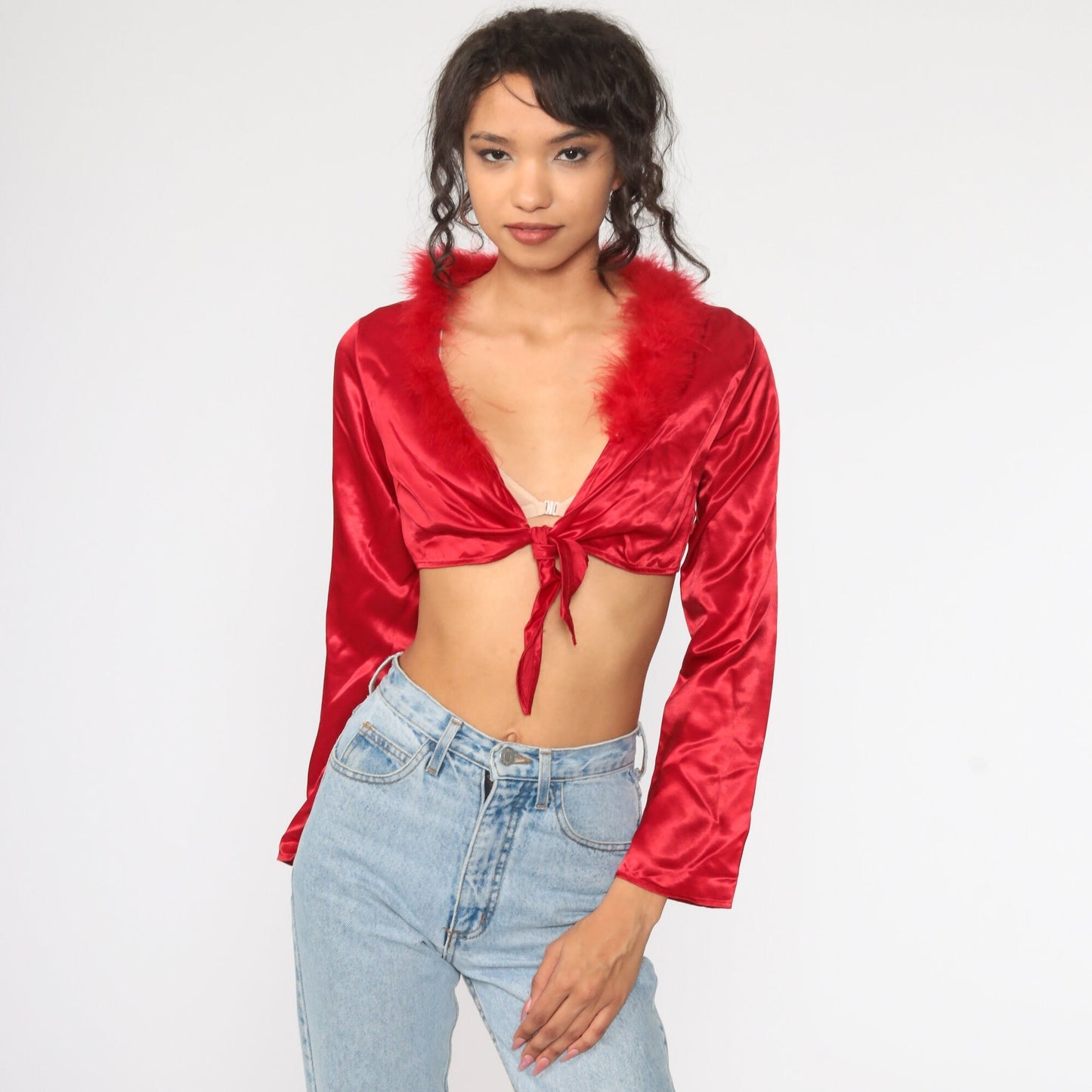 Y2K Red Satin Crop Top Feather Trim Long Sleeve Tie Waist Small