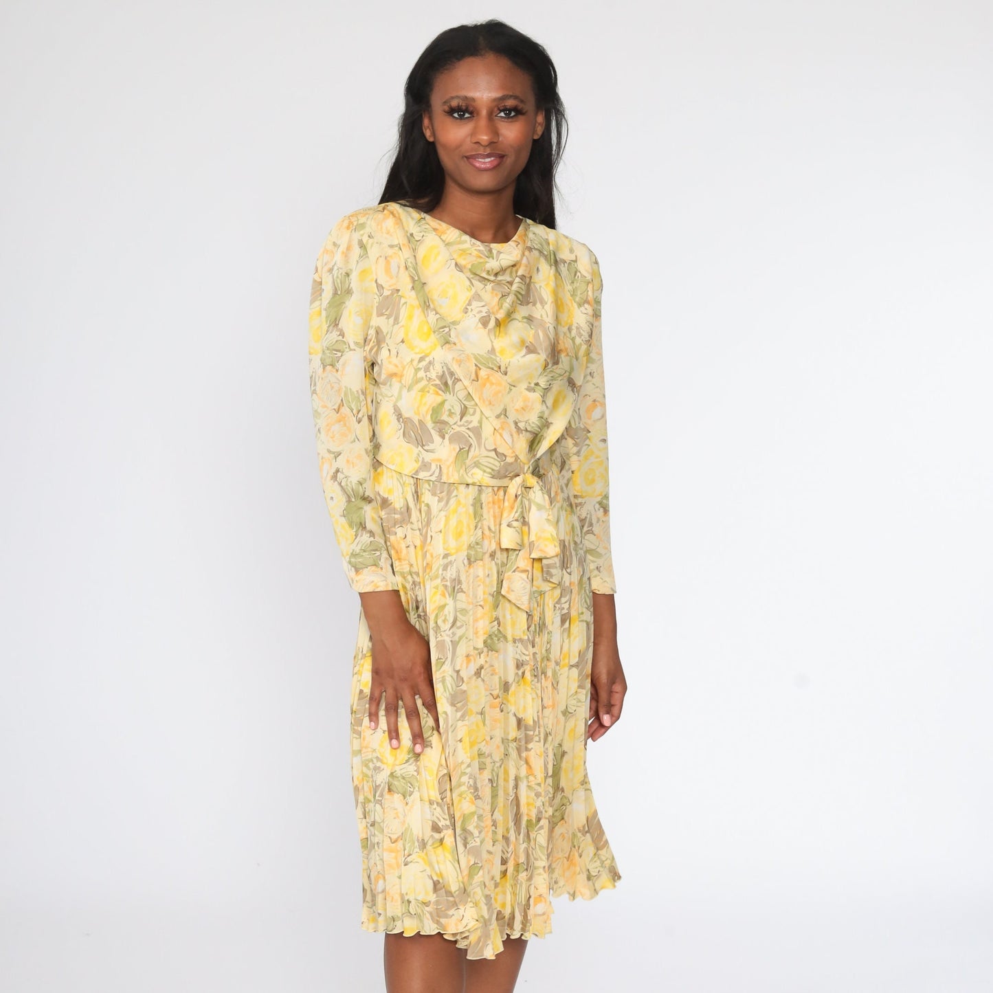 00s Yellow Floral Midi Dress Cowl Neck Pleated Long Sleeve Small S