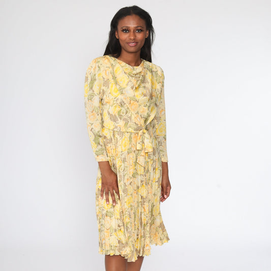 00s Yellow Floral Midi Dress Cowl Neck Pleated Long Sleeve Small S