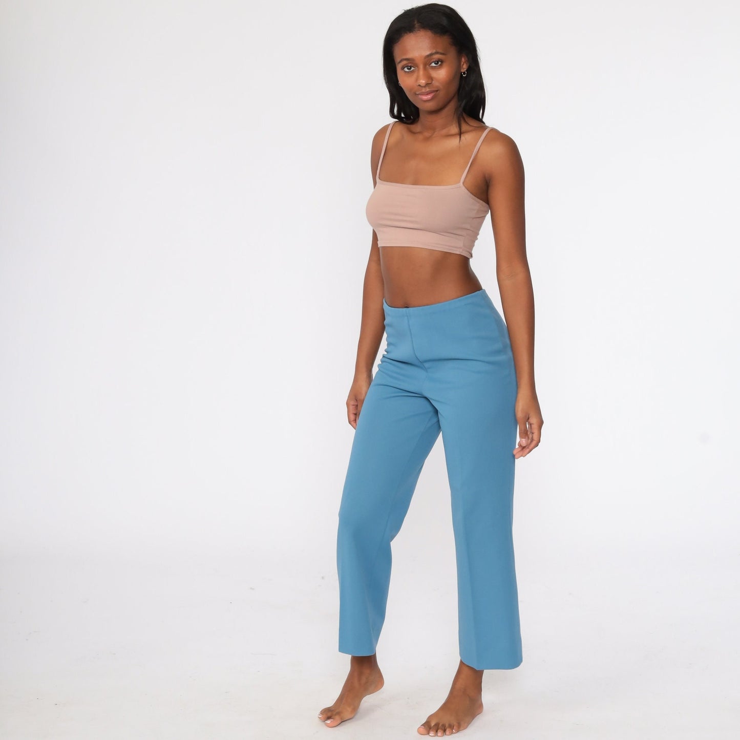 70s Blue Polyester High-Waist Bell Bottom Trousers Extra Small