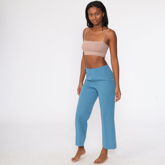 70s Blue Polyester High-Waist Bell Bottom Trousers Extra Small