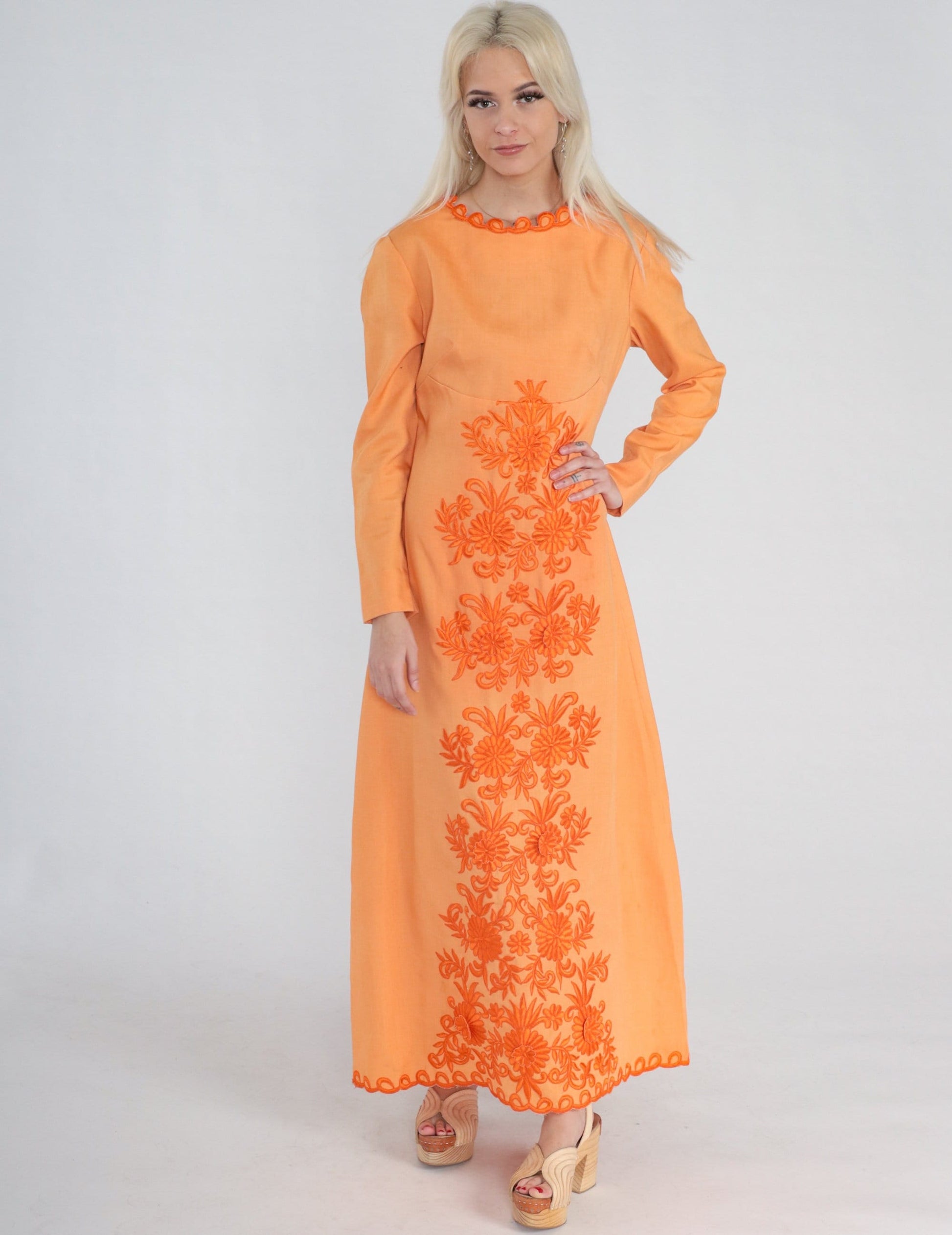 70s Orange Floral Embroidered Maxi Dress Empire Waist Long Sleeve Small
