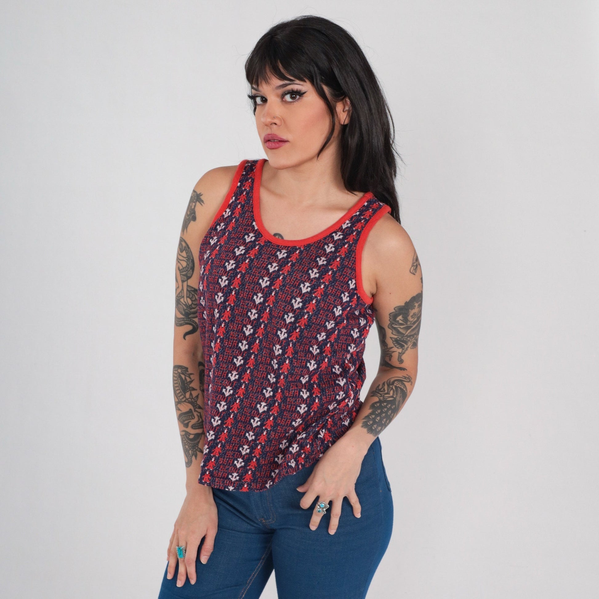 70s Sea Scout Anchor Tank Top Red White Blue Nautical Sleeveless Medium