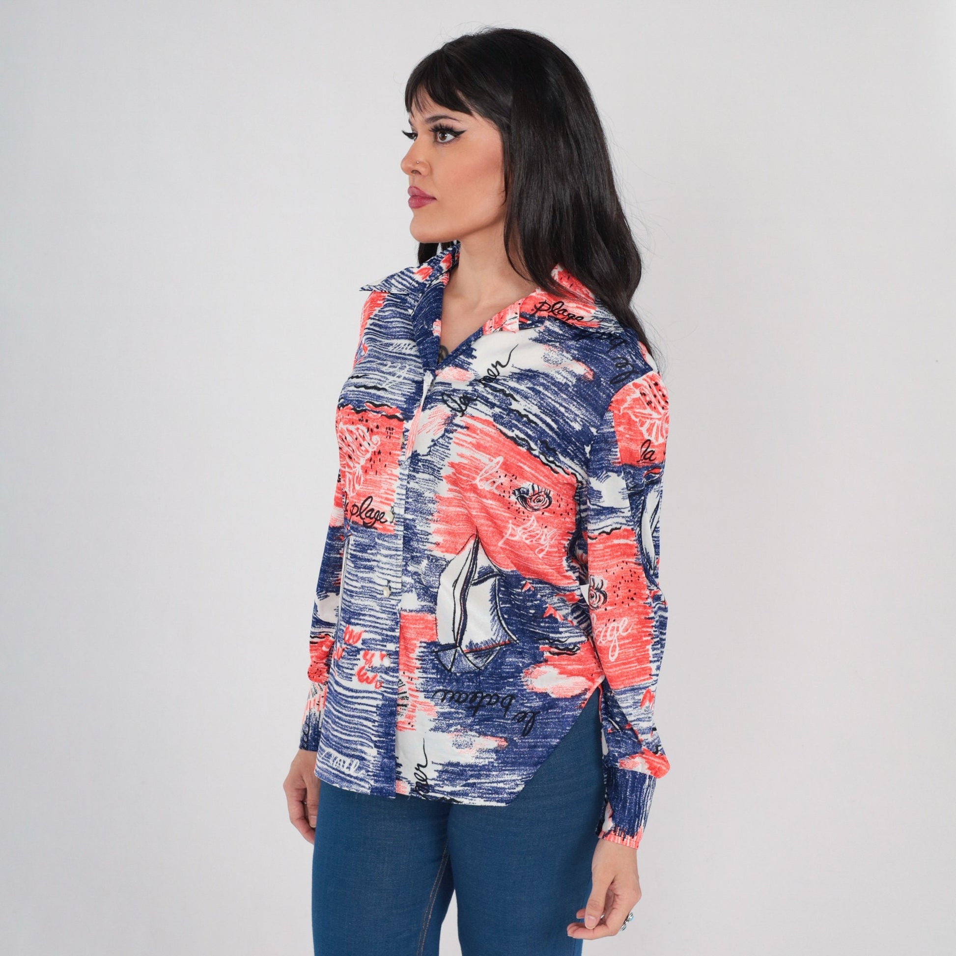 70s French Nautical Sailing Print Button-Up Blouse Red White Blue Medium