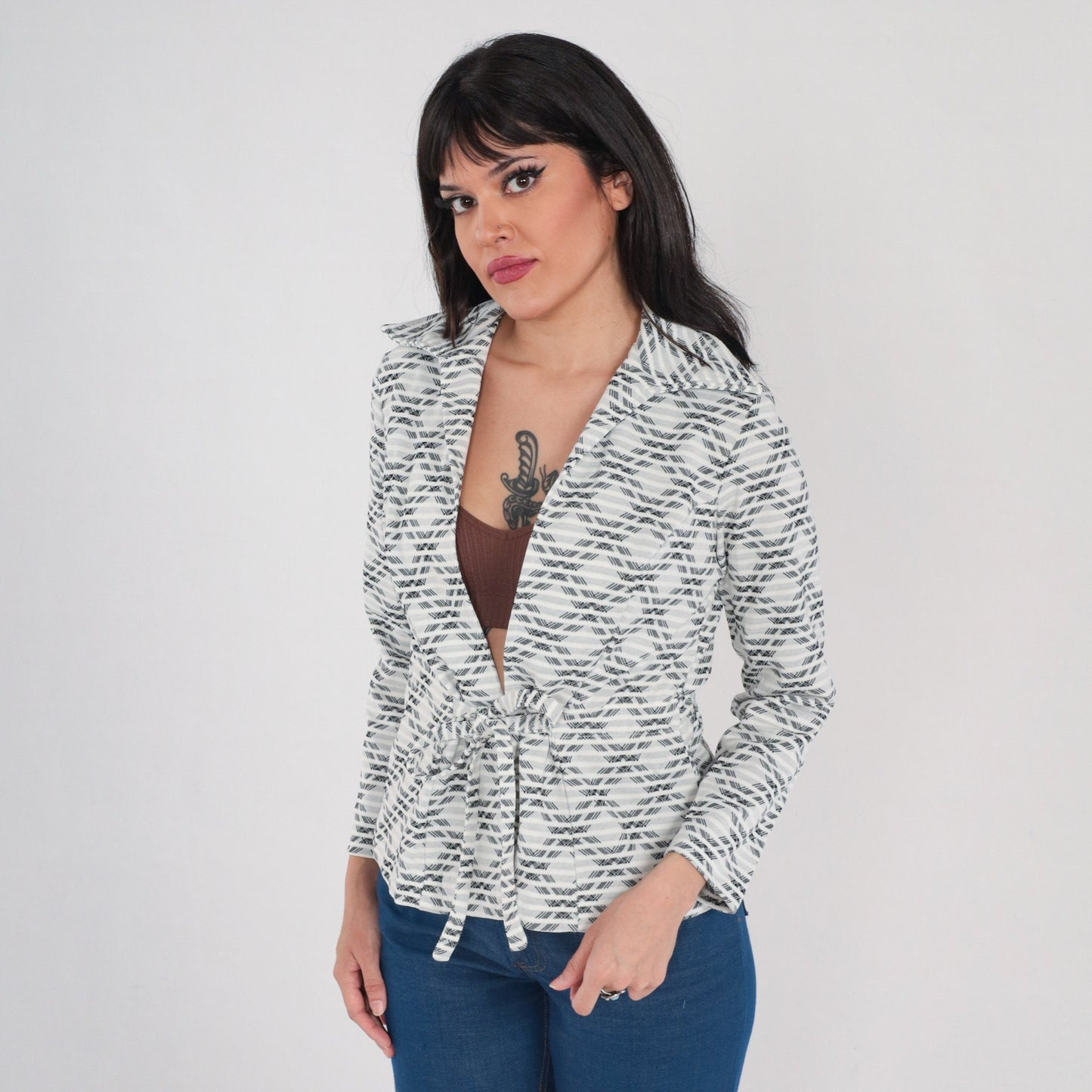 70s Checkered Tie Front Blazer White Black Striped Plaid Jacket Small