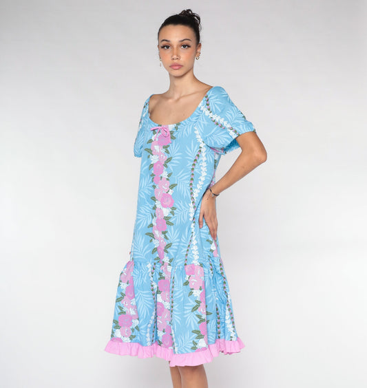 90s Blue Floral Midi Dress Pink Flower Fern Print Tent Cut Short Sleeve Extra Small