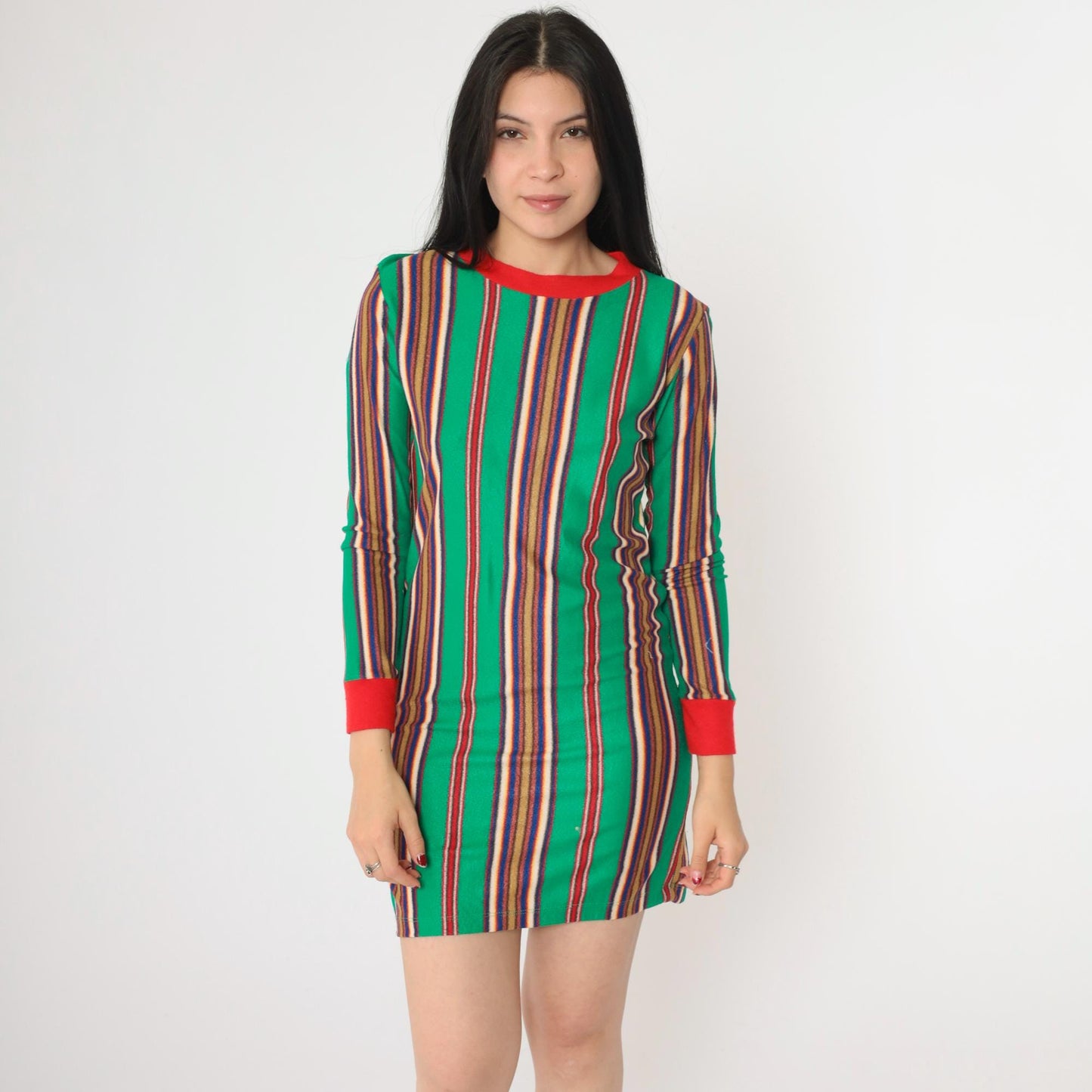 60s Stardust Striped Mini Lounge Dress Green Red Ringer Trim Long Sleeve Extra Small
