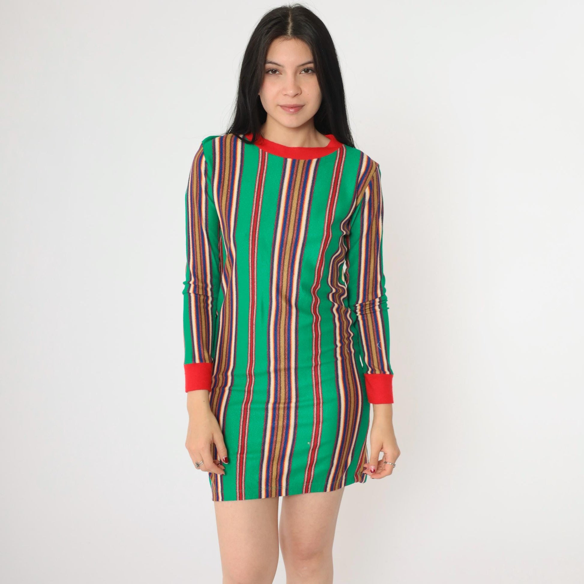 60s Stardust Striped Mini Lounge Dress Green Red Ringer Trim Long Sleeve Extra Small