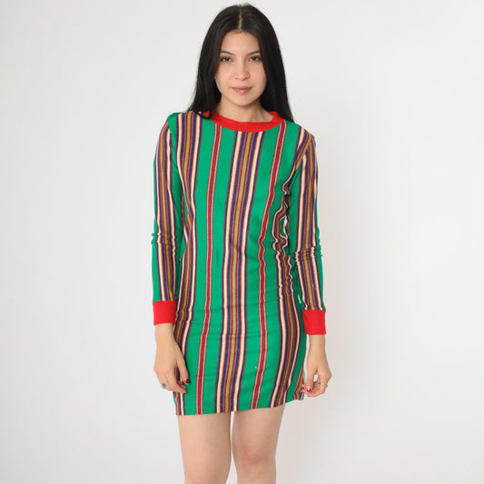 60s Stardust Striped Mini Lounge Dress Green Red Ringer Trim Long Sleeve Extra Small