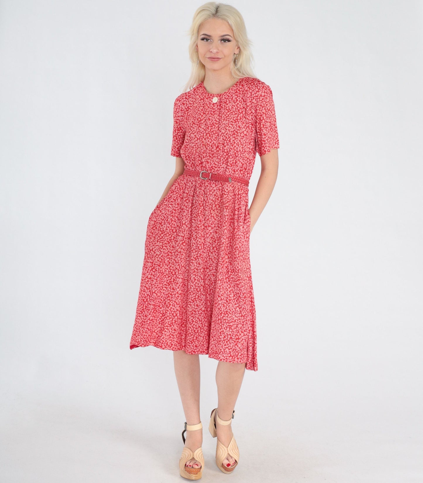 90s Talbots Red Swirl Print Midi Dress Button-Up High Waist Short Sleeve XS