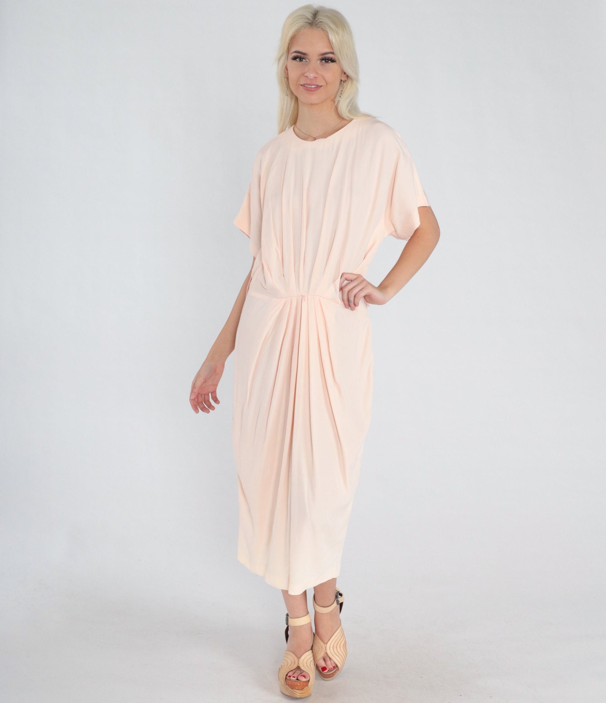 80s Pale Pink Pleated Midi Dress Short Sleeve Cocoon Acetate Medium Large