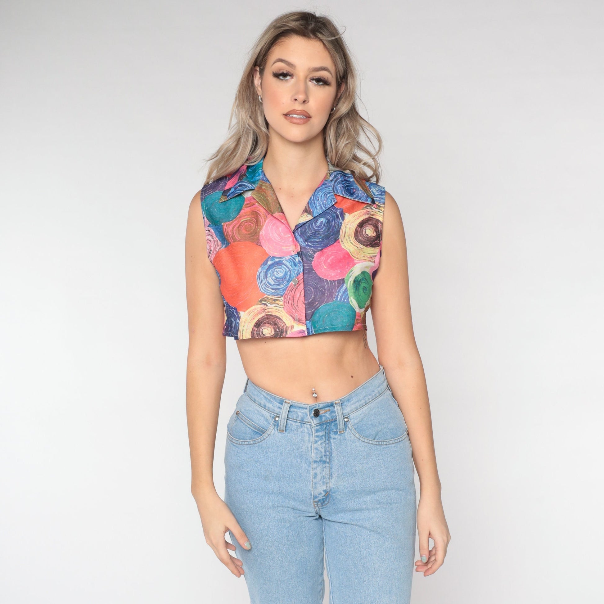 70s Swirl Print Sleeveless Crop Top Button-Up Shirt Small S