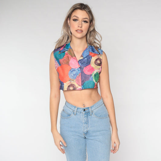 70s Swirl Print Sleeveless Crop Top Button-Up Shirt Small S