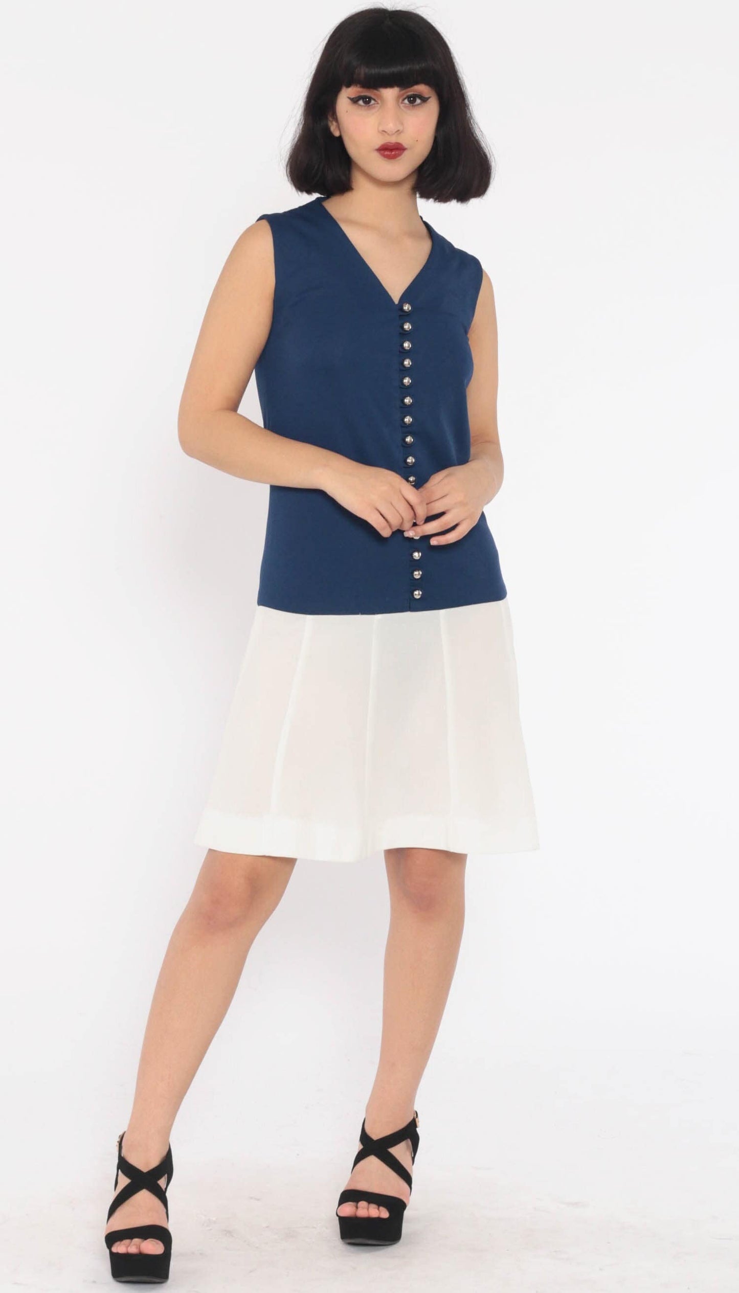 60s Mod Mini Dress Drop Waist Button Front Dark Blue Small